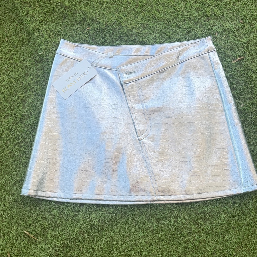 Ronny Kobo Collection Metallic Silver Croc-Texture Mini Skirt
